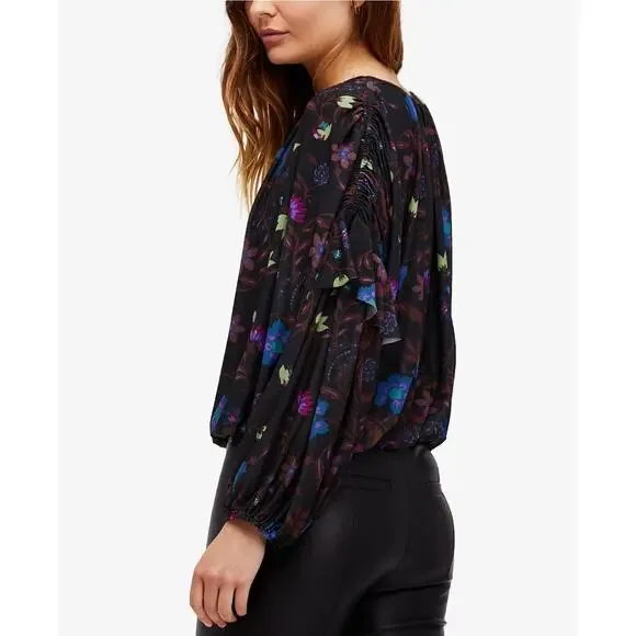 Free People Wildflower Honey Printed Blouse Black Multi Mesh Crop Top Small - Picture 6 of 15